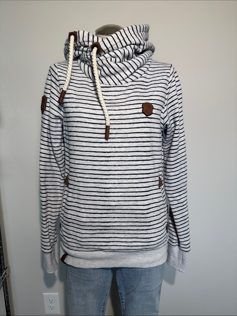 Naketano Gray & Navy Striped Cowl-Neck Sweater with Rope Drawstrings